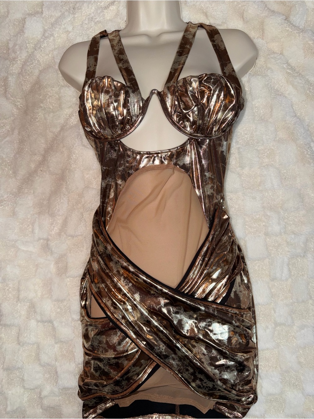 Fashion Nova Metallic Brown Cutout Mini Dress